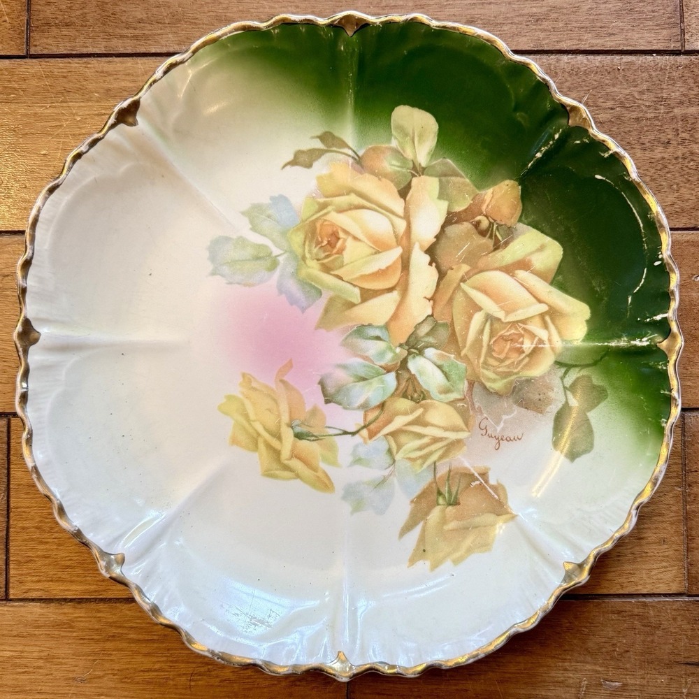 Antique VTG Hand Painted Large 11" Serving Bowl Plate Yellow Rose Roses Guyeauā - Picture 1 of 6